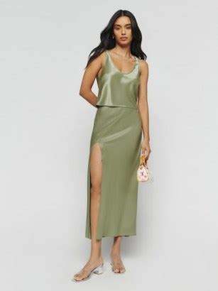 Reformation Kaia Two Piece In Artichoke Green Satin Fashion Co Ord