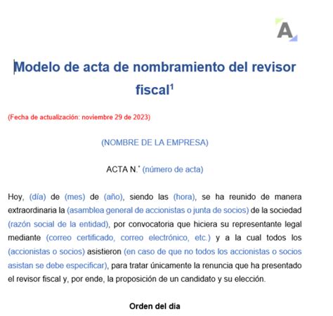 Modelo de acta de nombramiento del revisor fiscal Actualícese