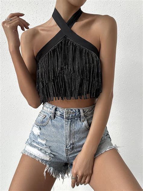 Shein Bae Top Halter Crop Ribete Con Fleco Con Tira Cruzada De Espalda