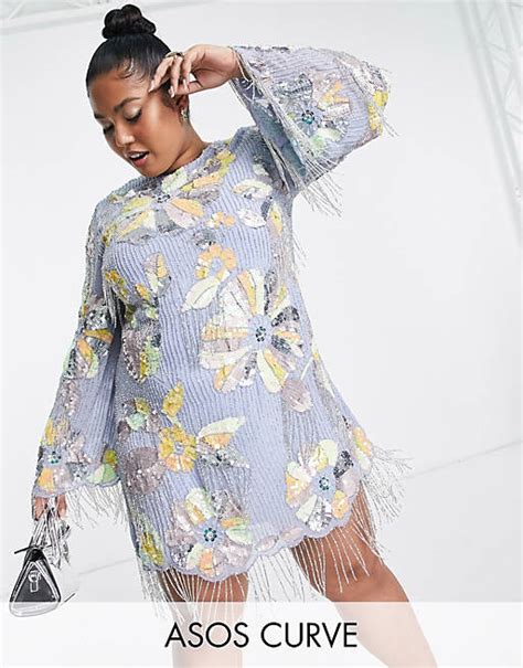 Asos Edition Curve Bright Floral Embellished Fringe Mini Dress With Low Back In Violet Asos