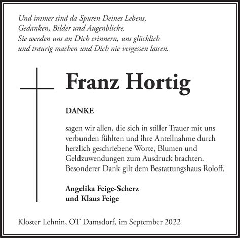 Traueranzeigen Von Franz Hortig M Rkische Onlinezeitung Trauerportal