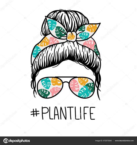 Woman Face Aviator Glasses Bandana Flowers Print Messy Bun Mom Stock