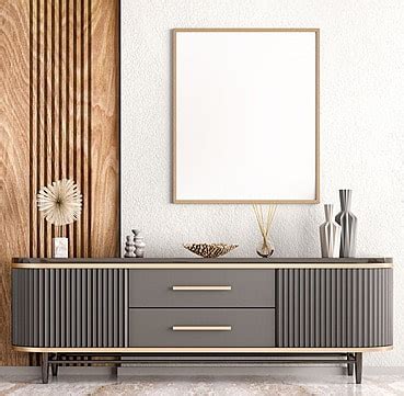 Interior Of Modern Living Room With Black Sideboard Over White Wall