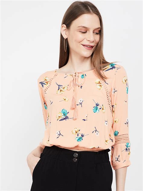 Buy Ginger By Lifestyle Women Peach Coloured Printed Blouson Top Tops