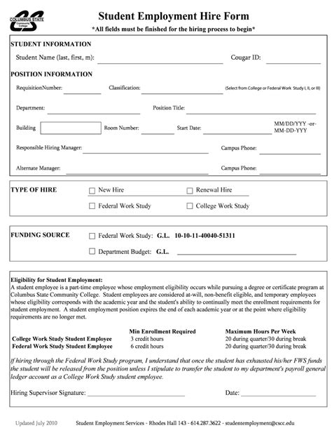 Fillable Online Cscc Student Employment Hire Form Columbus State