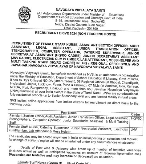 Nvs Non Teaching Admit Card Ldc Non Teaching Exam Date Navodaya