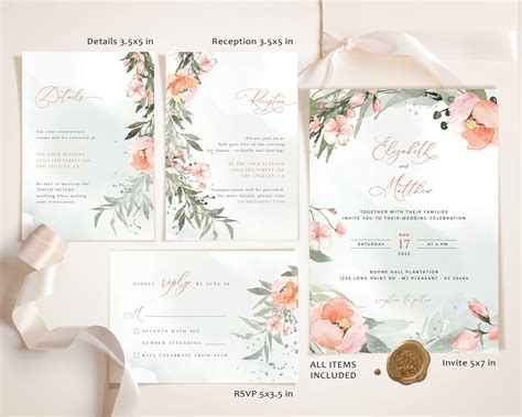 Vena Blush Peonies Wedding Invitation Template Peony Rose Etsy