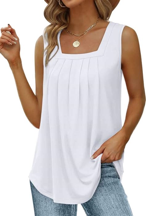 Saloogoe Summer Tank Tops For Women Loose Fit Pleated Square Neck Sleeveless Tops Curved Hem