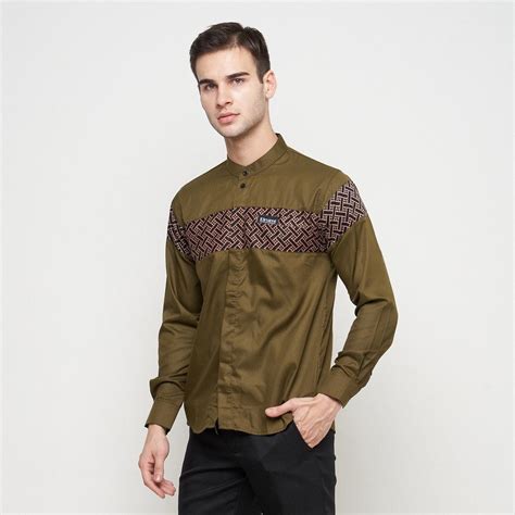 Jual Baju Koko Lengan Panjang Kombinasi Batik Warna Olive Original