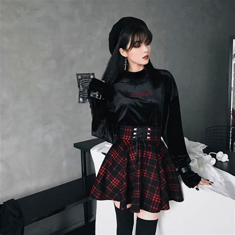 Gothic Harajuku Red Black Lace Up Plaid Skirt Rock N Doll