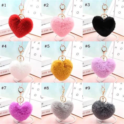 14 Styles Heart Ball Pom Pom Keychain Fluffy Faux Rabbit Fur Pompom Key Chains Women Bag Pendant