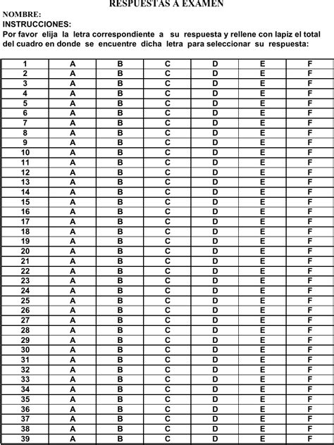 Hoja De Respuestas A Examenes Para Rellenar