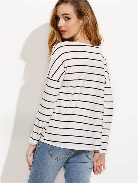 White Striped Drop Shoulder T Shirtfor Women Romwe