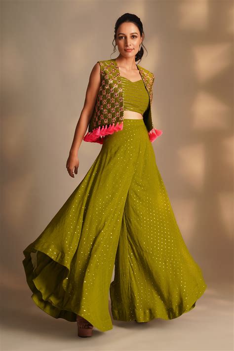 Buy Green Georgette Embroidered Cutdana Jacket Open Nakshi Flared Pant