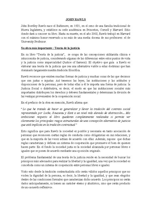 JOHN Rawls Resumen Teoría de la justicia JOHN RAWLS John Bordley