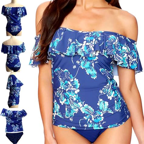 2017 Vintage Blue Floral Ruffle Tankini Swimsuits Women Ladies Modest