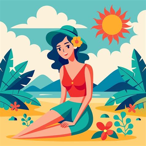 Femme en bikini fille d été en vacances maillot de bain de plage dessin animé stylé dessiné à