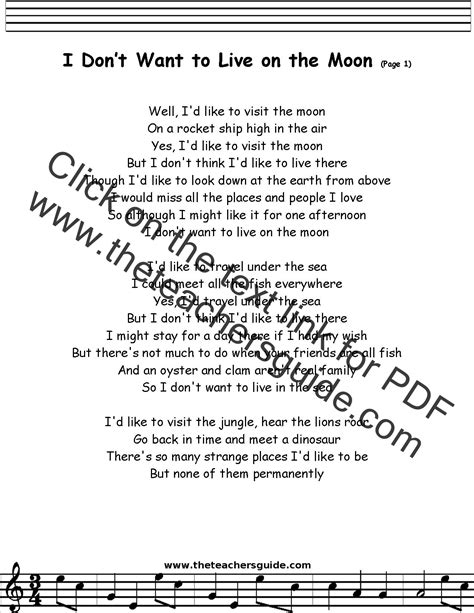 I Dont Want To Live On The Moon Lyrics Printout Midi And Video