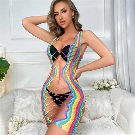 Rainbow Striped Mesh Erotic Lingerie See Through Free Size Hollow Out Rainbow Sexy Fishnet One