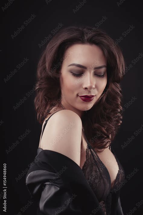 Sexy Brunette Woman In Leather Jacket And Lace Lingerie At Studio Stock Photo Adobe Stock