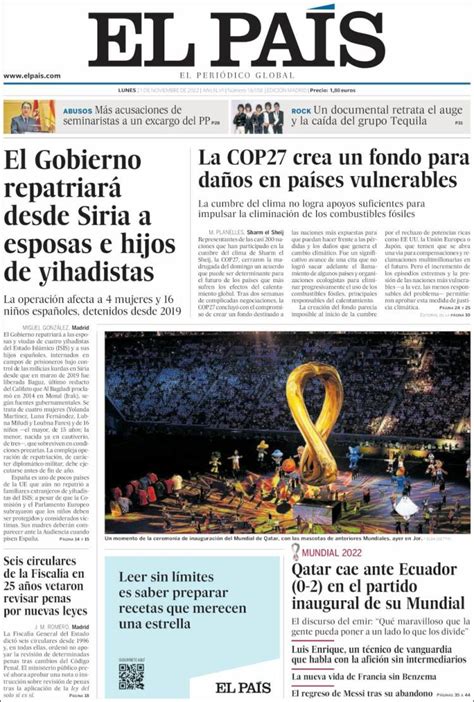 Journal El País Espagne Les Unes des journaux de Espagne Édition du