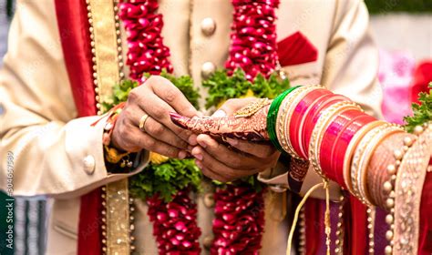 Engagement Ring Ceremony Indian Hindu Male Putting Ring On Brides