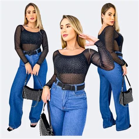 Body Blusa Tule Manga Longa Pedraria Brilho Transparnte Luxo Mercadolivre