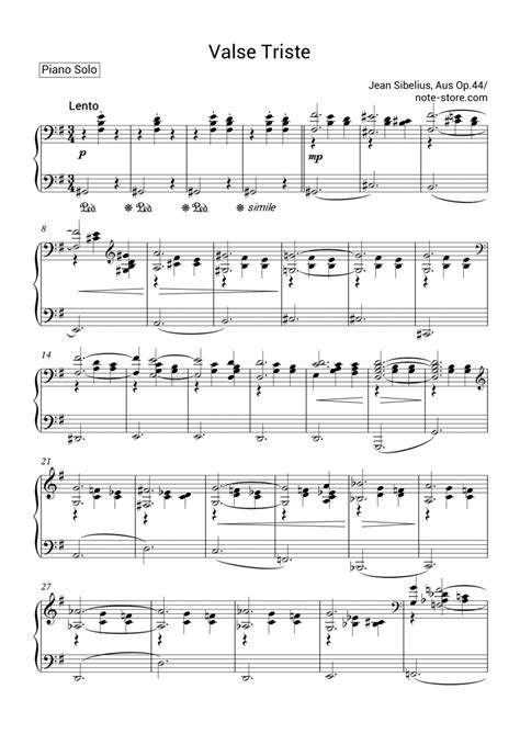 Jean Sibelius Valse Triste Op 44 Nr 1 Sheet Music For Piano