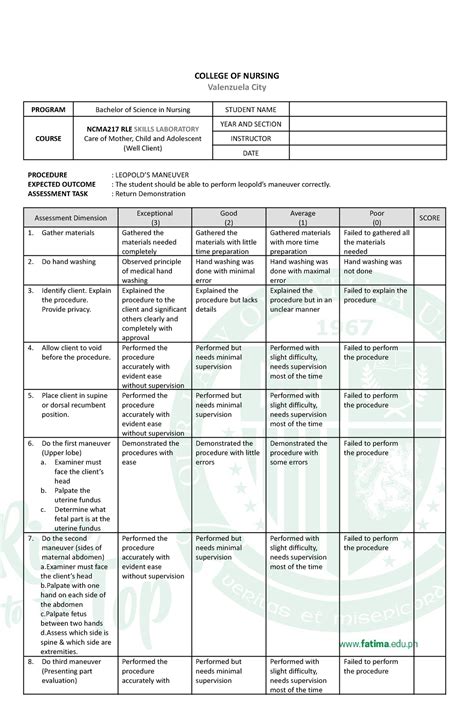 Rubrics Ncma Rle Sl Leopolds Maneuver College Of Nursing