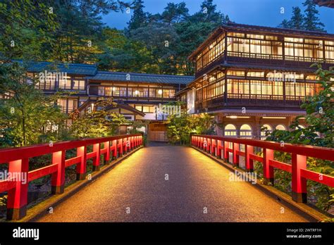 Shima Onsen, Gunma, Japan traditional architecture at dusk Stock Photo ...