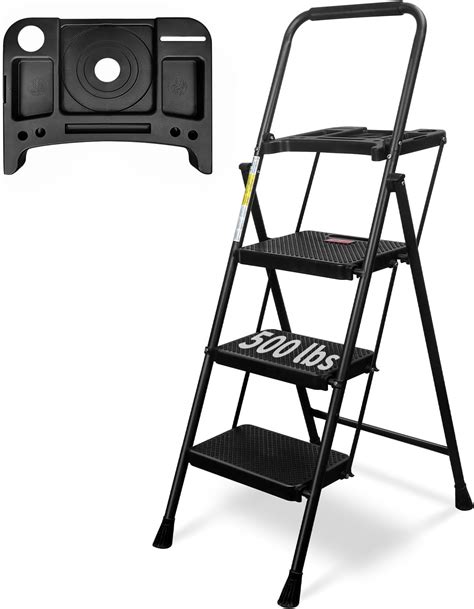 3 Step Ladder With Handrails Attachable Tool Bag 500 Lbs Folding