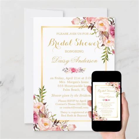 Blush Pink Floral Gold Frame Bridal Shower Invitation Zazzle