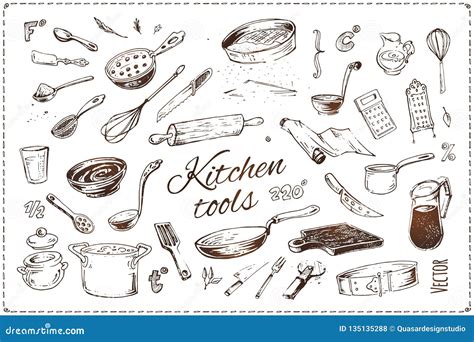 Hand Drawn Kitchen Tools Isolated Vector Icons Set Stock Vector