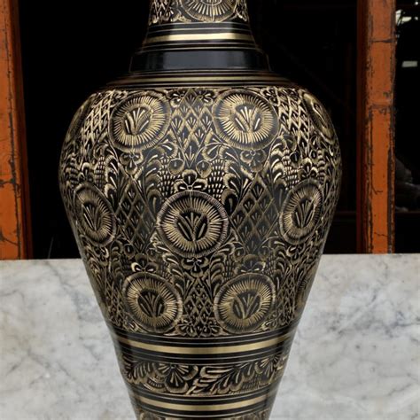 Vintage Large 3ft Etched Brass Black Lacquered India Floor Vase Scranton Antiques