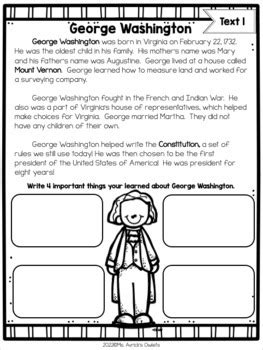 George Washington Reading Comprehensionand Writing Activities TPT