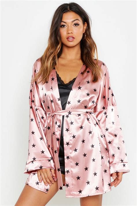 Women S Premium Satin Star Print Robe Boohoo Uk