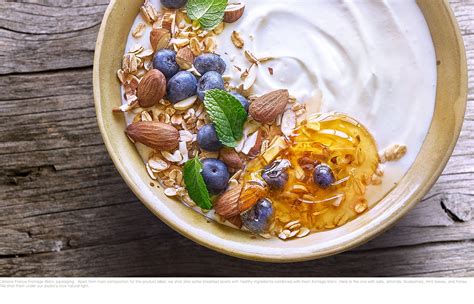 Bowl of Danone Fromage Blanc with honey, mint, berries on Behance