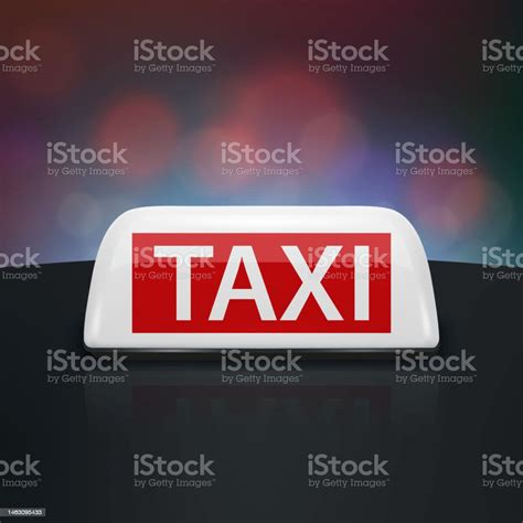 Vector 3d White And Red Taxi Car Sign Closeup On The Black Roof Blurred