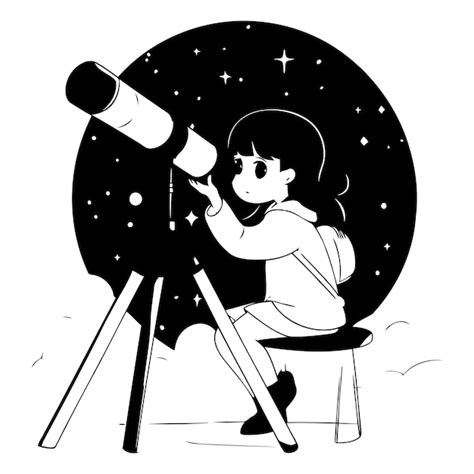 Una niña linda mirando a través de un telescopio al estilo de dibujos