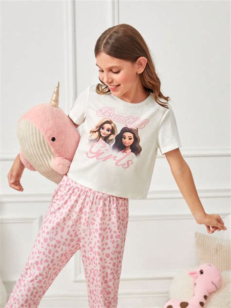 Tween Girl Figure And Letter Graphic Tee And Pants Pj Set Shein Usa