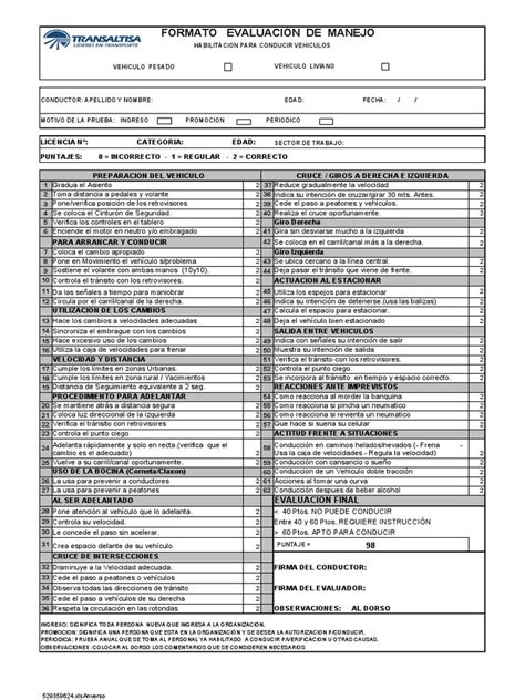 Copia De Formato Evaluacion De Manejo Pdf Vehículo De Motor Vehículos