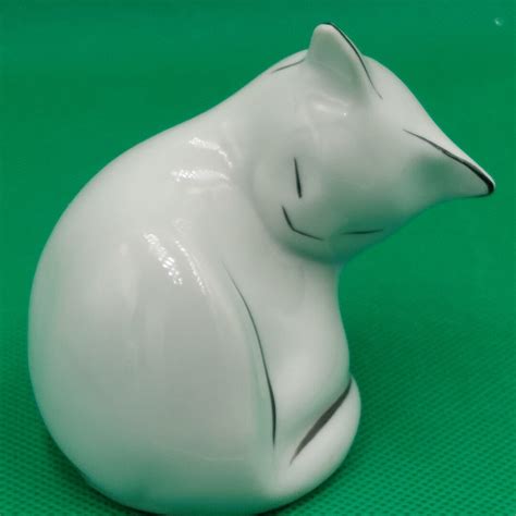 Art Deco Cat Vintage Black Andwhite Cat Porcelain Figurine Hungary Hollóháza Porcelain Hand