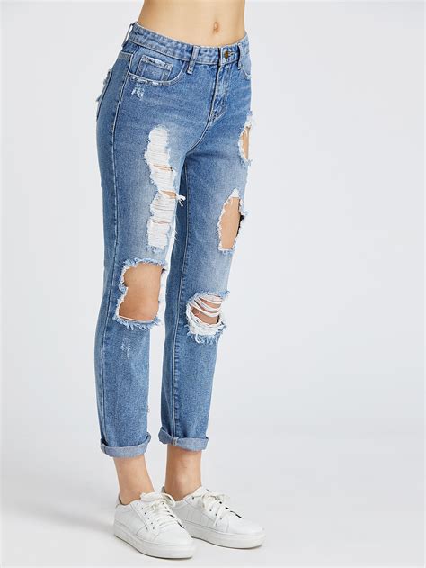 Bleach Wash Distressed Jeans Sheinsheinside