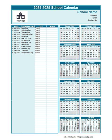 2024-2025 Aug-Jul Yearly School Calendar Template Excel - Free ...