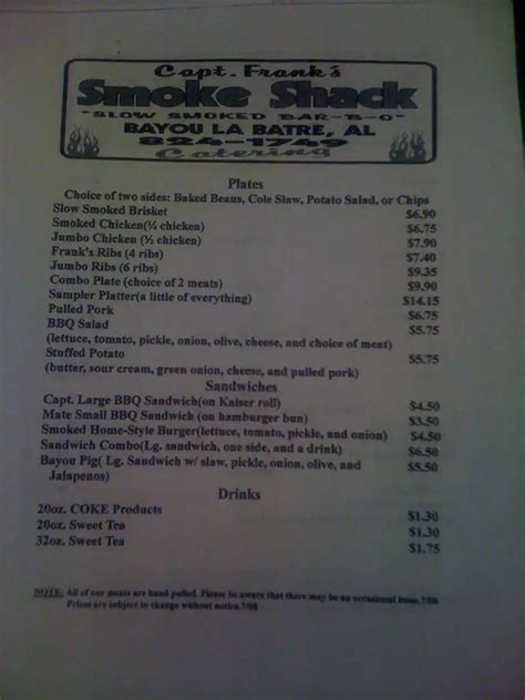 Menu At Captain Frank Smoke Shack Bbq Bayou La Batre