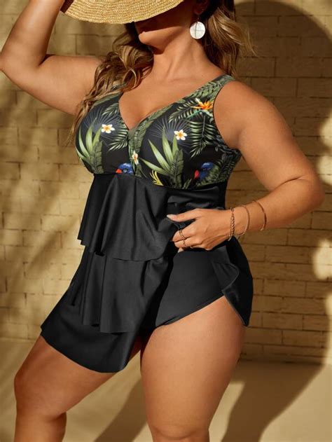 Shein Swim Vcay Plus Tropical And Bird Print Tankini Set Tiered Layer