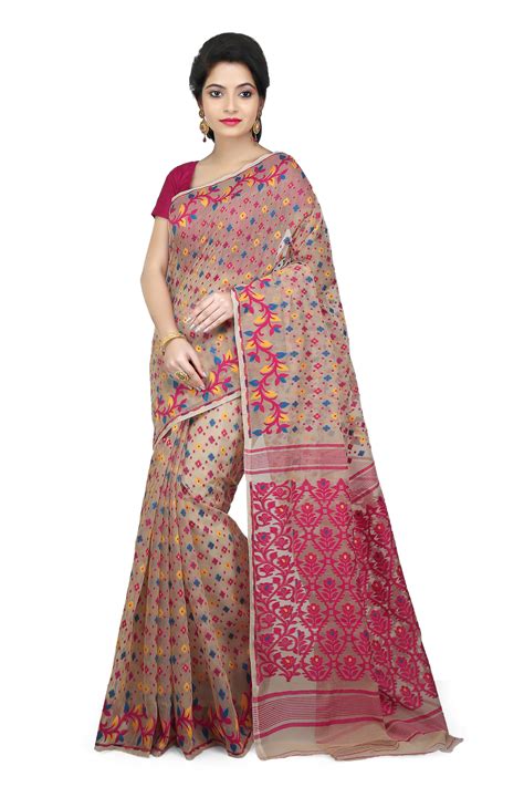 Cotton Silk Dhakai Jamdani Saree In Beige Pink With Thread Work