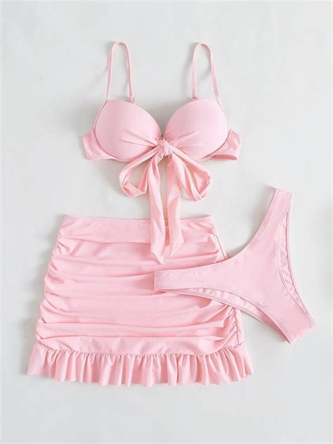 Pack Plain Knot Front Push Up Bikini Swimsuit Ruched Beach Skirt