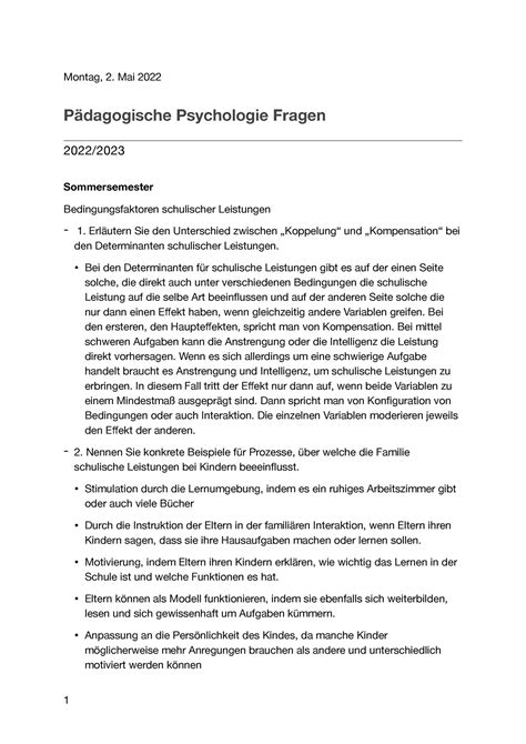 P Dagogische Psychologie Fragen Montag Mai P Dagogische