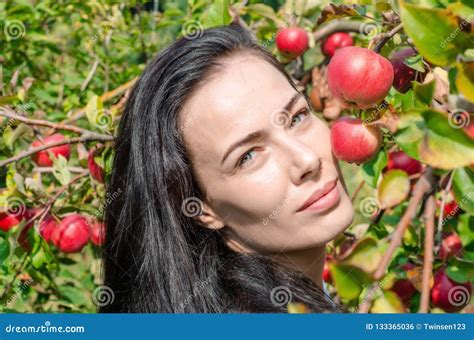 Beautiful Brunette Girl Portrait On Background Of Apple Tree B Stock Photo Image Of Autumn